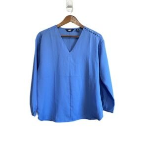 Lands‎ End Blue V Neck Button Accent Long Sleeve Blouse Top Petite 10